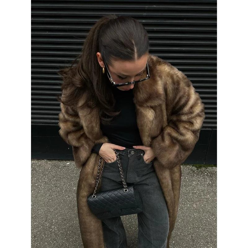 Women Retro Luxury Faux Fur Coat Fashion Lapel Single Breasted Long Sleeve Pockets Jacket Winter Plush Warm High Street Outwear