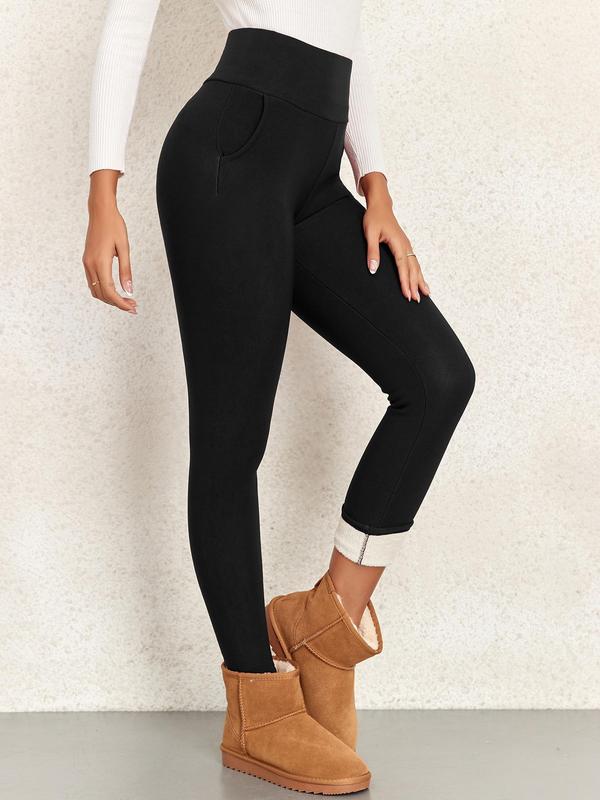 Women's Solid High Waist Thermal Lined Leggings, Casual Comfy Pocket Design Skinny Pants for Fall & Winter, Women's Bottoms for Daily Wear