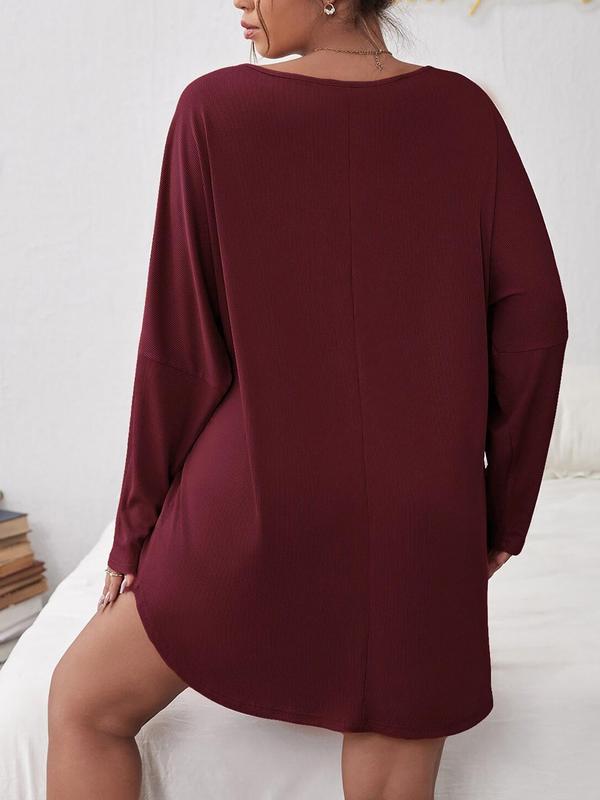 Plus Size Plain V Neck Drop Shoulder Nightdress, Casual Comfy Long Sleeve Nightgown for Women, Women's Sleepwear for Summer