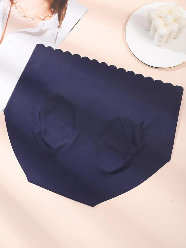 Women's Solid Scallop Trim High Waist Knicker, Soft Comfy Breathable Seamless Panty for Daily Wear, Underwear for All Seasons