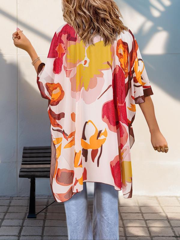 Plus Size Ethnic Pattern Asymmetrical Hem Kimono Cardigan, Boho Fashion Half Sleeve Open Front Outerwear for Summer, Women's Clothes for Daily Wear