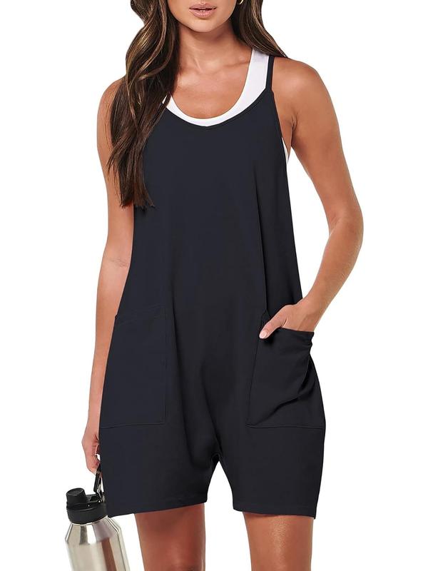 Women's Plain Pocket Scoop Neck Cami Romper without Tank Top, Casual Sleeveless Romper for Summer, Women's Clothes for Daily Wear