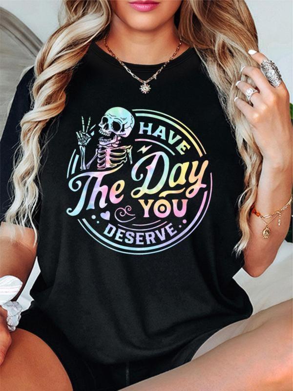  Letter Print Drop Shoulder Tee, Casual Half Sleeve Round Neck T-shirt for Summer, Women's Clothing for Daily Wear