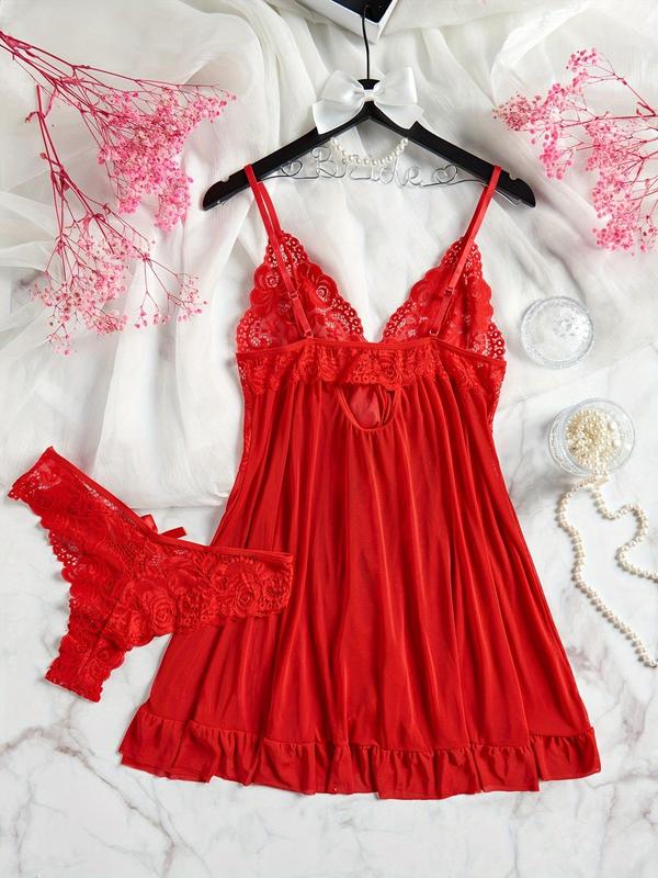 Women's Plain Floral Lace Cut Out Backless Mesh Cami Nightdress & Bow Decor Thong Sexy Sleepwear Loungewear Set, Elegant Sexy Adjustable Spaghetti Strap Wrap Ruffle Hem Nighty Dress & Panty Set, Women's Sexy Sleepwear Set for Women