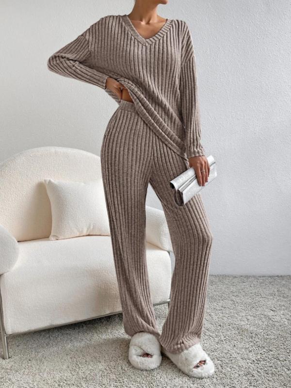 Women's Solid Ribbed Knit Loungewear Two-Piece Set, Casual Comfy Drop Shoulder Long Sleeve Top & Pants PJ Set, Ladies Sleepwear for Spring & Fall