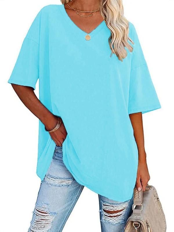  Solid Color Drop Shoulder Tee, Casual Half Sleeve V Neck T-shirt for Summer, Women's Clothing for Daily Wear