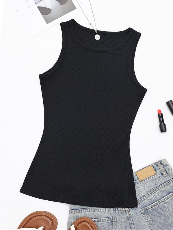 Women's Solid Round Neck Ribbed Tank Top, Casual Sleeveless Top for Summer, Ladies Clothes for Daily Wear