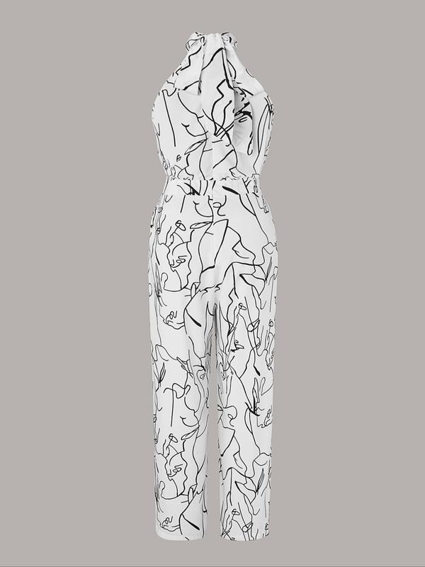 Plus Size All Over Print Pocket Halter Neck Tank Jumpsuit, Fashion Casual Sleeveless Wide Leg Jumpsuit for Vacation Holiday Daily Wear, Women's Clothes for All Seasons