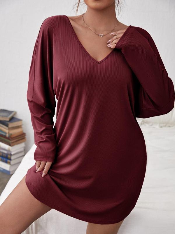 Plus Size Plain V Neck Drop Shoulder Nightdress, Casual Comfy Long Sleeve Nightgown for Women, Women's Sleepwear for Summer