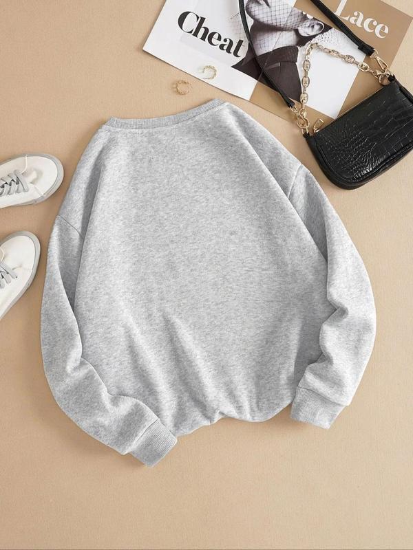 Women's Cartoon & Letter Print Round Neck Sweatshirt, Casual Long Sleeve Crew Neck Pullover for Fall & Winter, Women's Clothes for Daily Wear