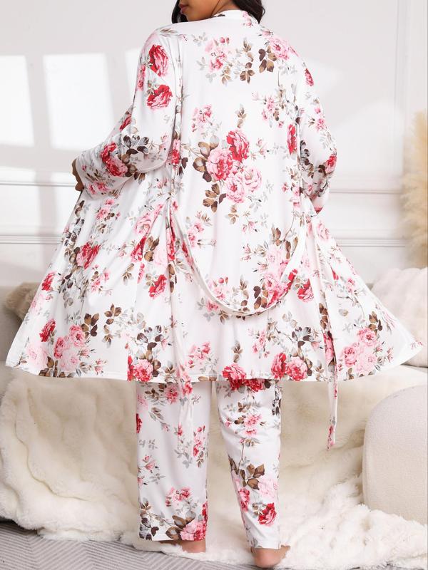  Three-Piece Set Floral Print Belted Lounge Robe & Cami Top & Elastic Waist Pants Pyjama Set, Elegant Comfy Drop Shoulder Long Sleeve Robe & Sleeveless Top & Bow Decor Trousers PJ Set, Women's Sleepwear for Spring & Fall