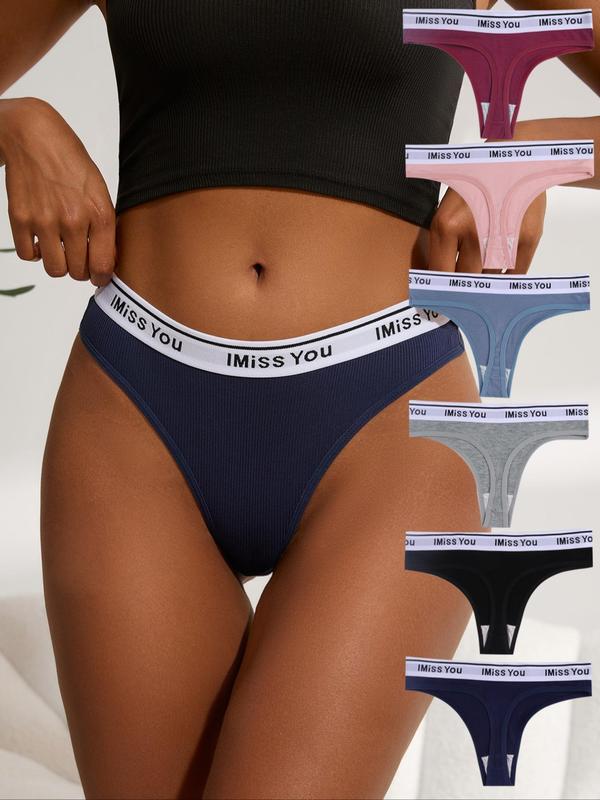 Women's 6pcs Letter Tape Low Waist Ribbed Thong, Soft Comfy Breathable Knicker for Daily Wear, Underwear for All Seasons