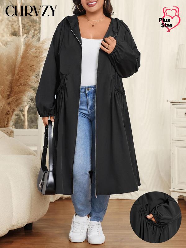 CURVZY Plus Size Solid Bishop Sleeve Zip Up Hooded Jacket, Casual Long Sleeve Pocket Outerwear for Fall & Winter, Women's Clothes for Daily Wear