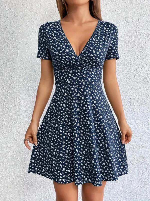 Women's Ditsy Floral Print Wrap A Line Vintage Dress, Boho V Neck Short Sleeve Dress for Daily Holiday Vacation Wear, Frenchy Style Summer Clothes Women, Ladies Dress