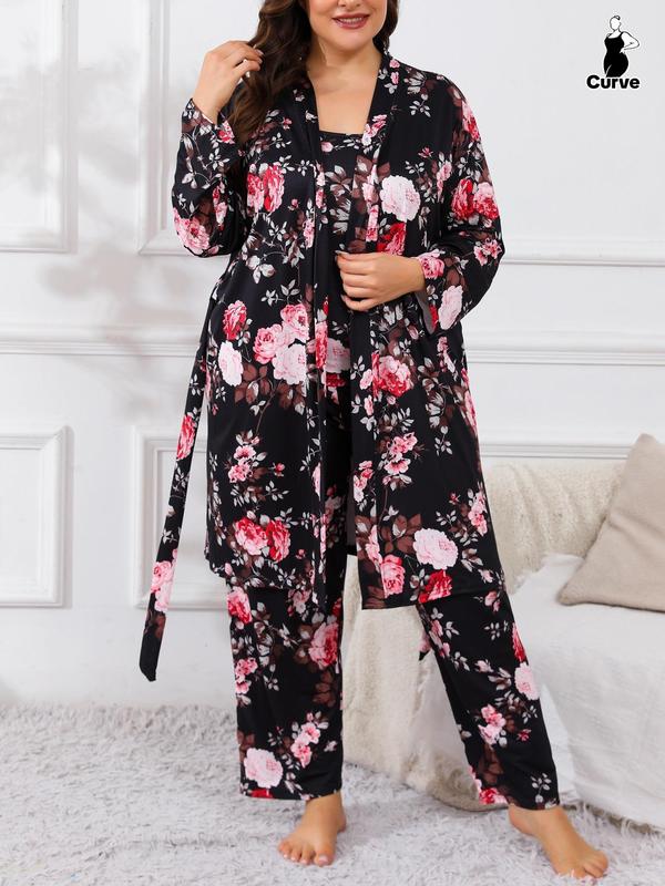  Three-Piece Set Floral Print Belted Lounge Robe & Cami Top & Elastic Waist Pants Pyjama Set, Elegant Comfy Drop Shoulder Long Sleeve Robe & Sleeveless Top & Bow Decor Trousers PJ Set, Women's Sleepwear for Spring & Fall