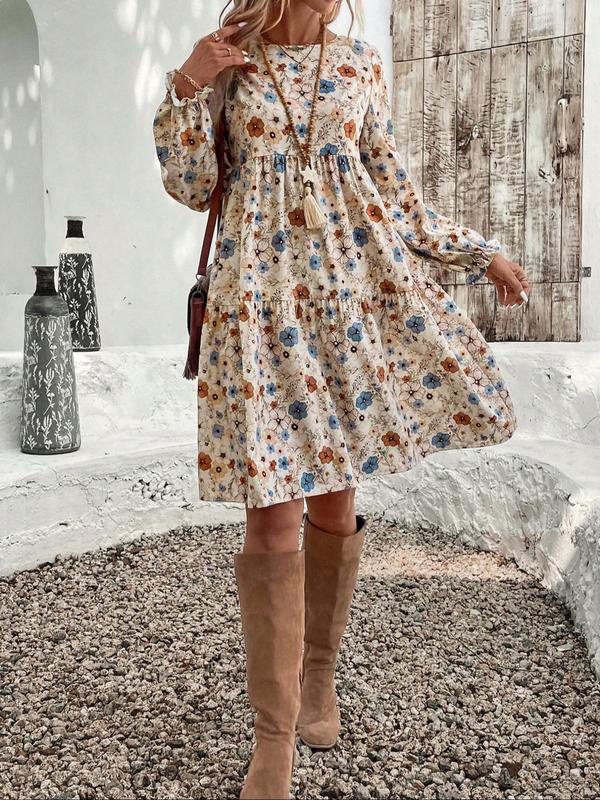 Women's Floral Print Ruffle Hem Smock Dress, Boho Fashion Long Sleeve Round Neck Knee Length Dress for Daily Holiday Vacation Wear, Ladies Dress for All Seasons