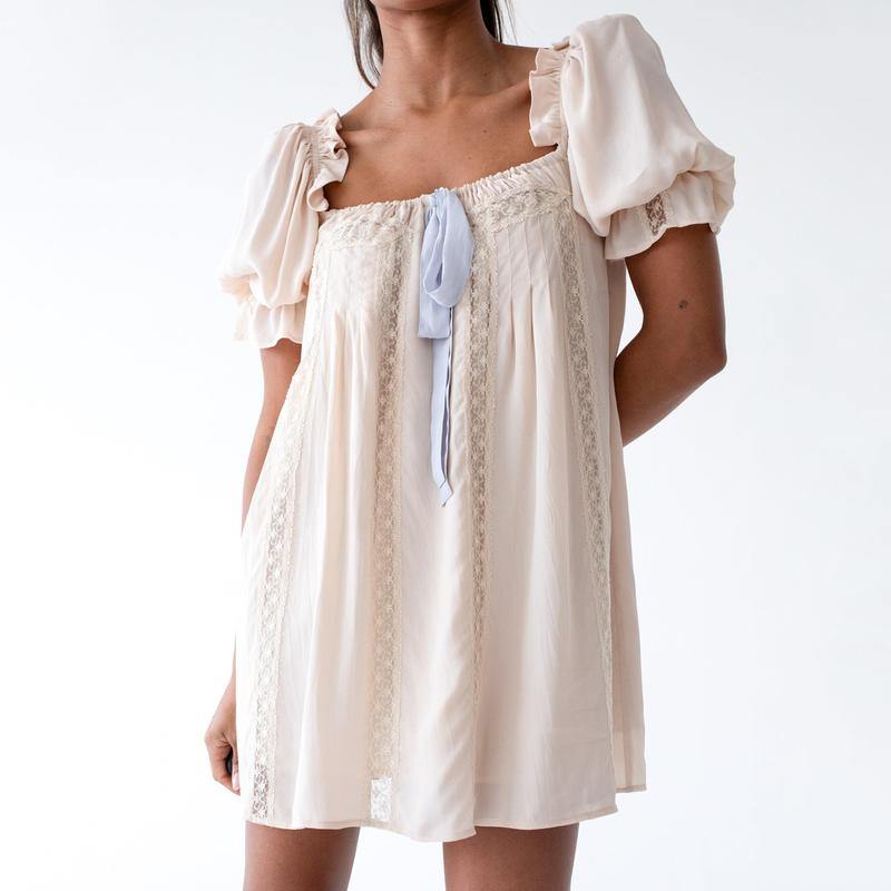 Women Y2k Nightgown Short Puff Sleeve Flowy Babydoll Dress Cute Square Neck Ruffle Dress Sleepwear