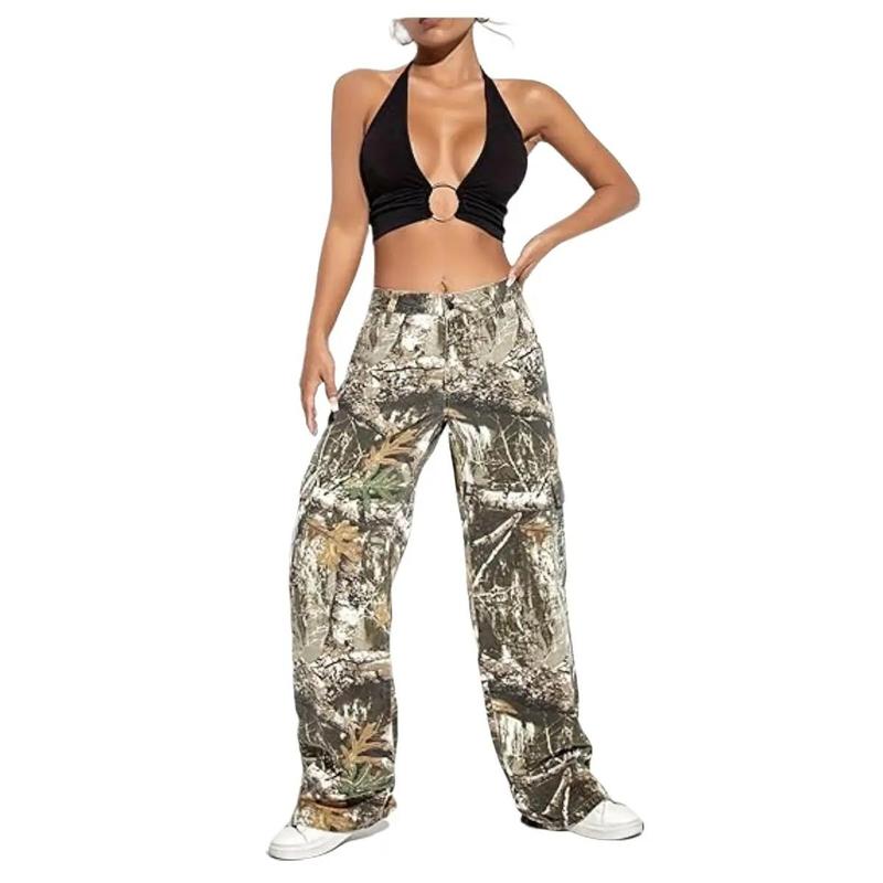 PINKYMOOR sports camouflage pants low waist wide leg pants workwear straight with pockets camouflage women's pants women's comfortable bottoms