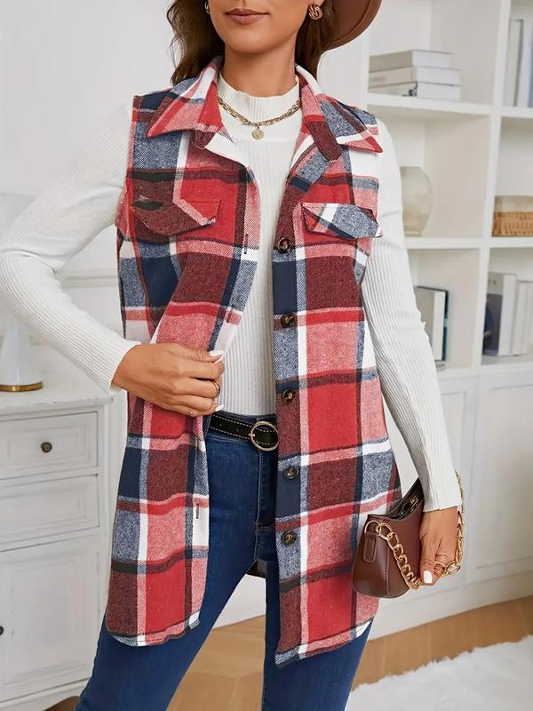 Women's Plaid Print Button Front Vest Jacket, Casual Sleeveless Collared Outerwear for Spring & Fall, Ladies Clothes for Daily Wear