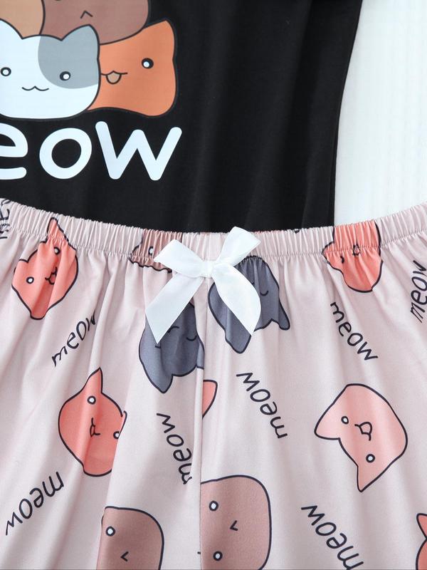 Two-piece Set Women's Cartoon Cat Print Short Sleeve Tee & Bow Decor Shorts Pyjama Set, Cute Casual Comfy Round Neck T-shirt & Elastic Waist Shorts Pj Set, Ladies Sleepwear for All Seasons