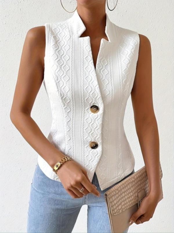 Women's Solid Textured Button Front Suit Vest, Casual Sleeveless Stand Collar Vest Jacket for Daily Wear, Ladies Clothes for All Seasons