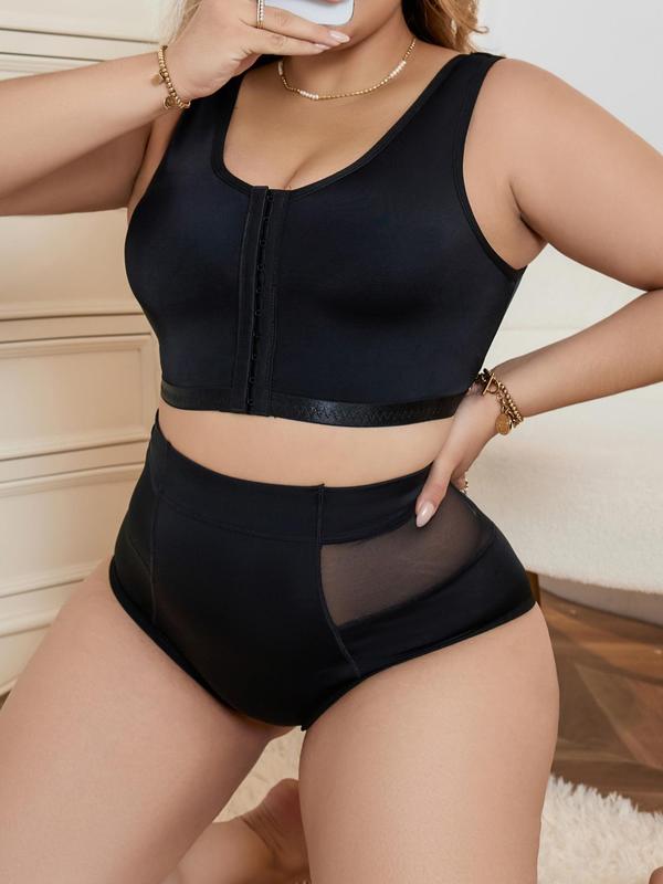 Women's Plus Size Contrast Mesh Hook Closure Underwear Set, Push Up Bra & High Waist Panty Set, Women's Plus Size Underwear Set, Summer Wear