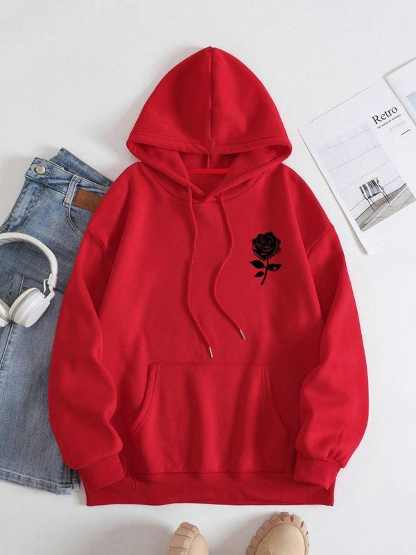 Women's Floral Print Drop Shoulder Drawstring Hoodie, Fashion Casual Pocket Hooded Sweatshirt for Daily Outdoor Wear, Women Fall & Winter Clothes