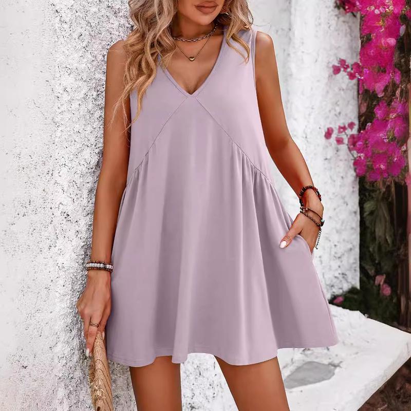 HS1673 Women's Summer V Neck Sleeveless Casual Loose Short Skirt - Flowy Holiday Dress boho  dress