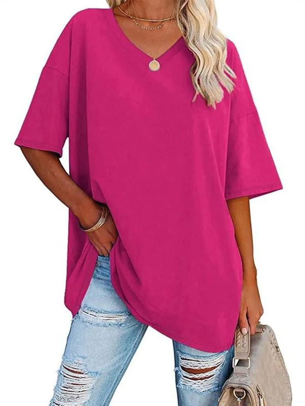  Solid Color Drop Shoulder Tee, Casual Half Sleeve V Neck T-shirt for Summer, Women's Clothing for Daily Wear