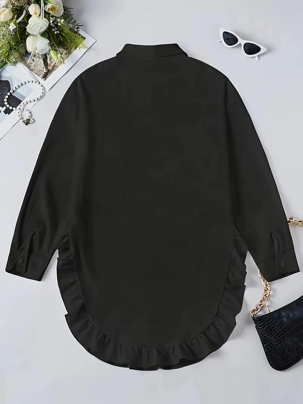 Women's Plain Ruffle Trim Button Front Blouse, Casual Long Sleeve Collared Top for Daily Wear, Ladies Clothes for All Seasons