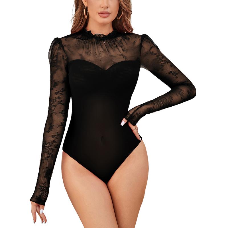 Women's Christmas Vintage Lace Crochet Splicing Sheer Long Sleeve Bodysuit Shirt Mesh Turtleneck Solid Midnights Going Out Thanksgiving Gift Winter Body Suit Tops