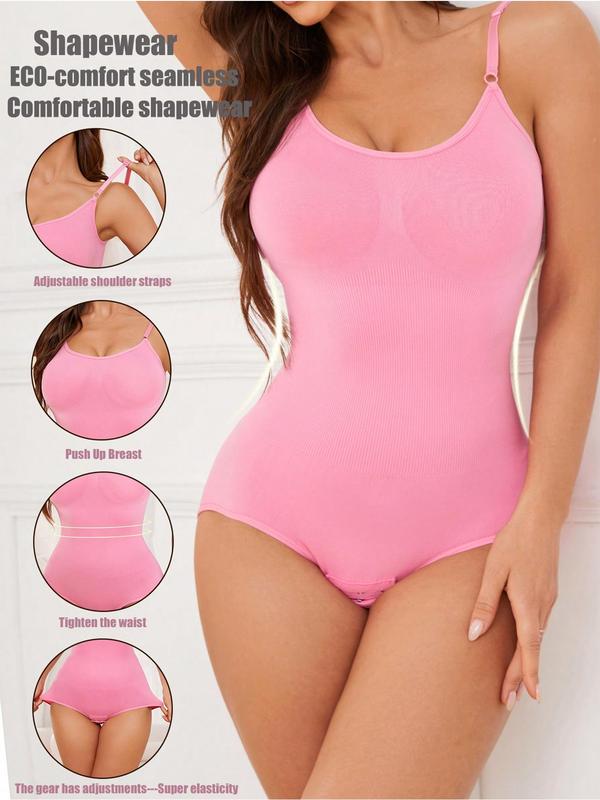 Women's Solid Hook & Eye Closure Crotch Shapewear Bodysuit, Adjustable Strap Tummy Control Butt Lifting Shaper, Women's Shapewear for Daily Wear