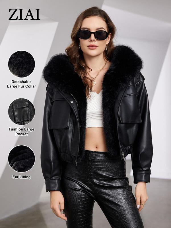 Women's Contrast Faux Fur Trim Hooded Jacket, Casual Long Sleeve Zipper Button Front Pocket Outerwear for Fall & Winter, Women's Clothing for Daily Wear, Fall Outfit Coats