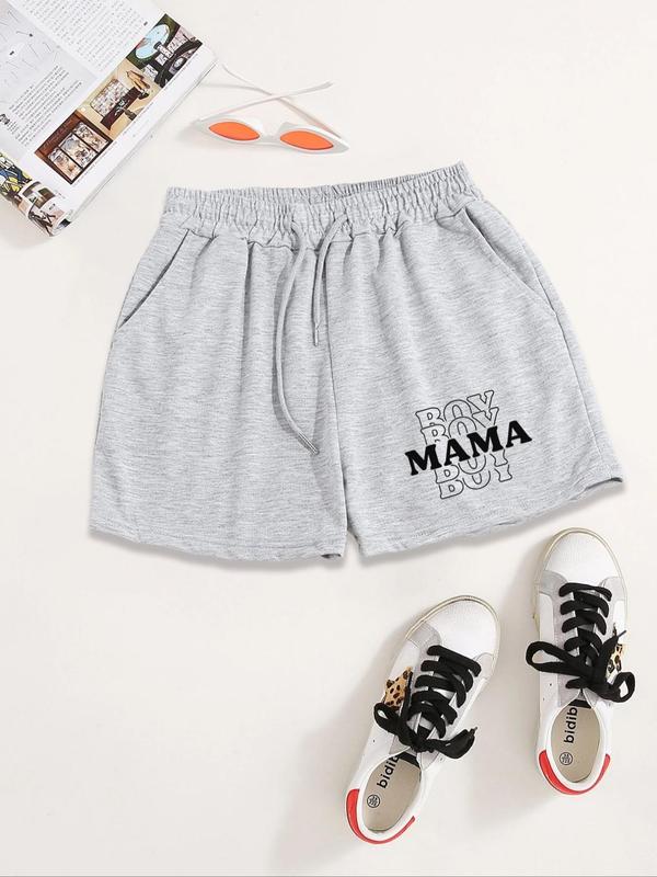 Women's Letter Print Drawstring Waist Shorts, Casual Pocket Elastic Waist Shorts for Summer, Ladies Bottoms for Daily Wear