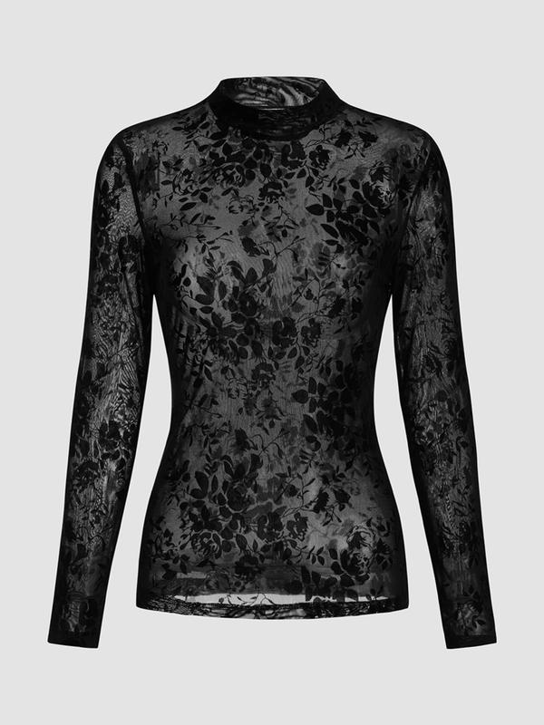 Women's Floral Print Sheer Mock Neck Cover Up Top, Long Sleeve Tulle Top for Daily Wear, Ladies Clothes for All Seasons, Clothes for Women