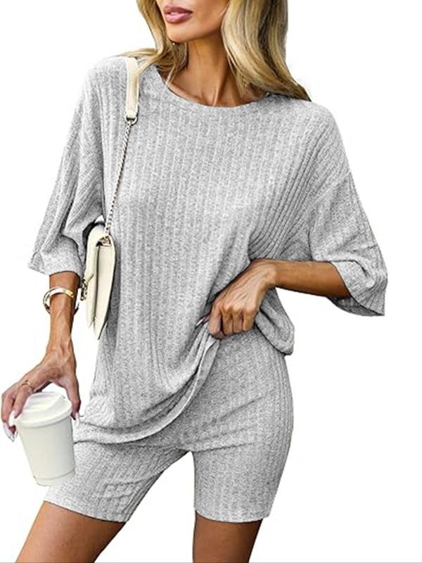 Women's Solid Loungewear Set, Casual Comfy Round Neck Half Sleeve T-Shirt & Modesty Shorts PJ Set, Ladies Sleepwear for All Seasons, Summer Wear 2024, 2 Piece Sets Women, PJ Sets for Women