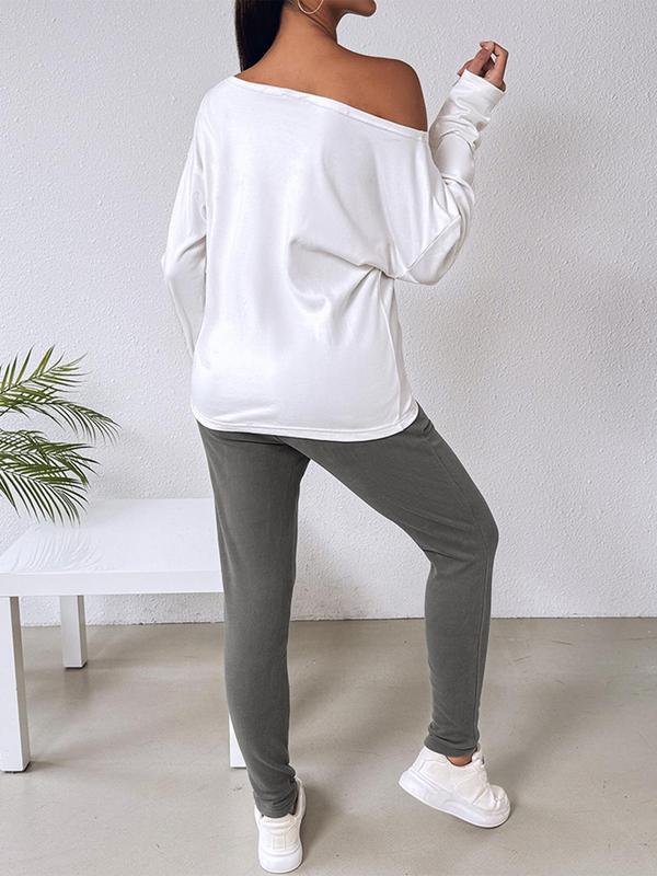 Women's Letter Print One Shoulder Sweatshirt & Drawstring Waist Sweatpants Two-piece Set, Casual Fashion Cozy Drop Shoulder Long Sleeve Pullover & Pocket Pants for Daily Wear, Ladies Fall & Winter Clothes