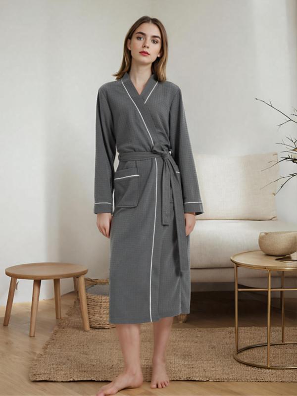 Women's Contrast Binding Belted Wrap Robe, Casual Long Sleeve Pocket Bathrobe, Ladies Sleepwear for All Seasons