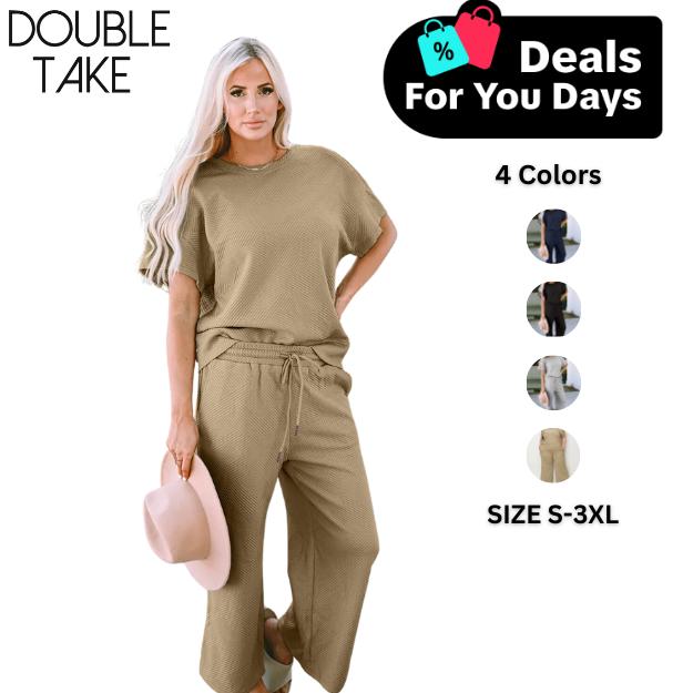 Double Take Full Size Texture Short Sleeve Top and Pants Set Womenswear Comfort Suits