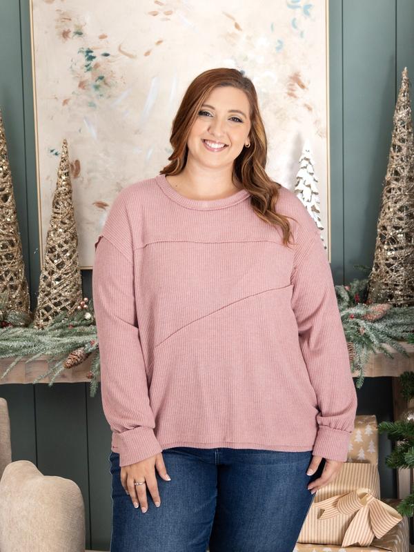 Round Neck Long Sleeve Ribbed Top | S - 3X