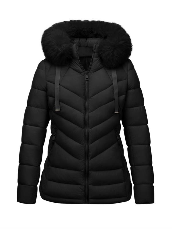 Women's Solid Color Contrast Faux Fur Hooded Quilted Jacket, Casual Long Sleeve Zip Up Pocket Design Coat for Fall & Winter, Women's Clothing for Daily Wear