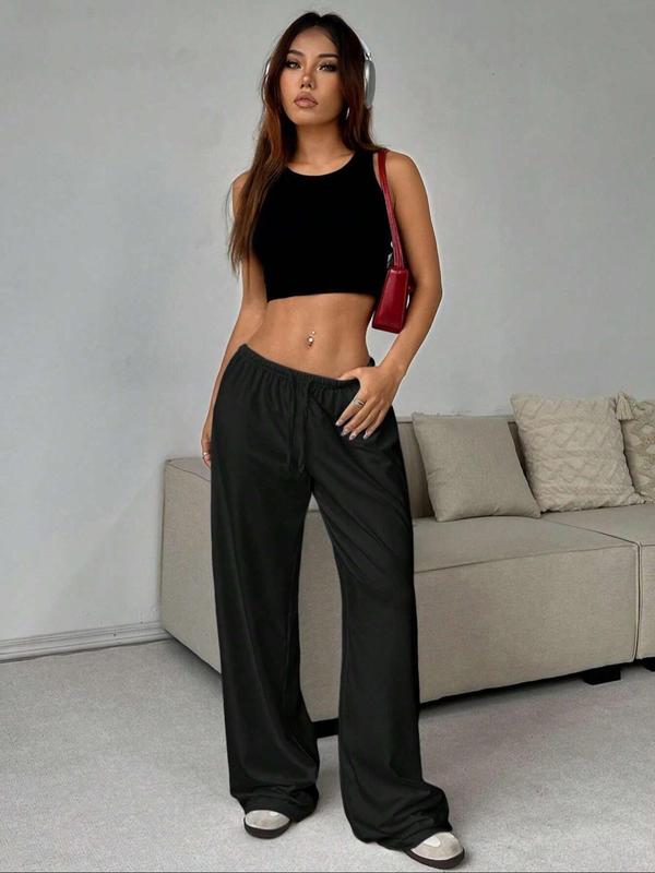 Women's Solid Color Drawstring Waist Wide Leg Pants, Casual Comfy Trousers for Daily Wear, Ladies Bottoms for All Seasons