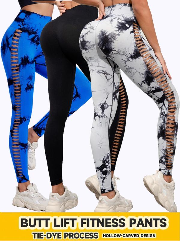 Women's Tie Dye Print Hollow Out Leggings, Casual Comfy High Waist Skinny Pants for Daily Wear, Ladies Bottoms for All Seasons