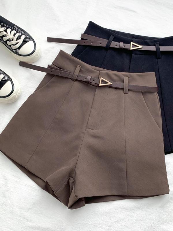 Women's Solid Zipper Fly Wide Leg Shorts with Belt, Casual High Waist Pocket Shorts for Summer, Women's Bottoms for Daily Wear