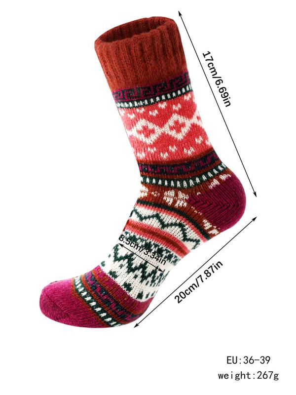 Women's Ethnic Pattern Mid-calf Socks, Casual Soft Comfy Thick Knitted Warm Socks for Fall & Winter, Women's Socks for Daily Wear