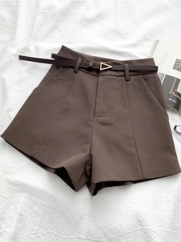 Women's Solid Zipper Fly Wide Leg Shorts with Belt, Casual High Waist Pocket Shorts for Summer, Women's Bottoms for Daily Wear