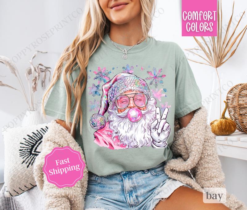 Sparkle Santa Shirt Comfort Colors, Preppy Christmas Tshirt,  Womens Holiday Tee