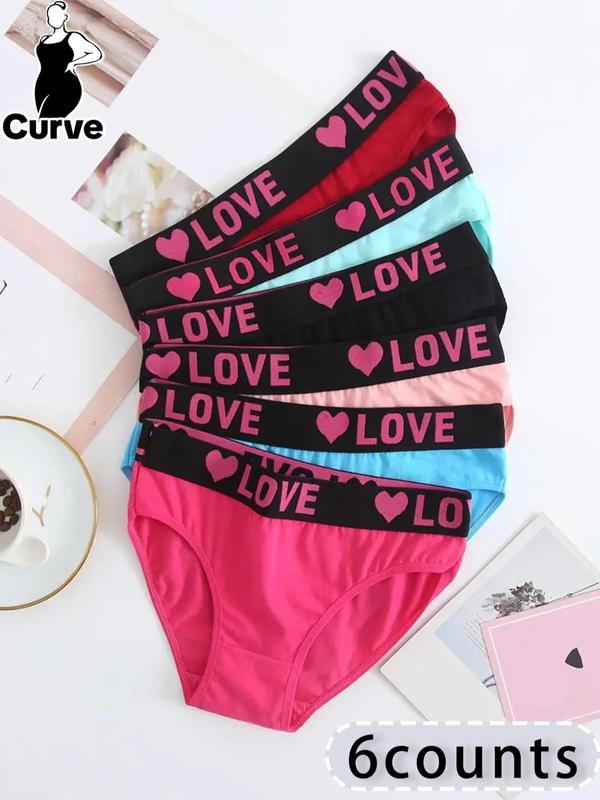 Lgbtq+ Plus Size 6pcs Heart & Letter Print Tape Waist Knickers, Lady Soft Comfortable Breathable Seamless Panties for Daily Wear,  Underwear for Women, Women's Plus Size Lingerie & Underwear for All Seasons, Summer Wear 2024, Womenswear