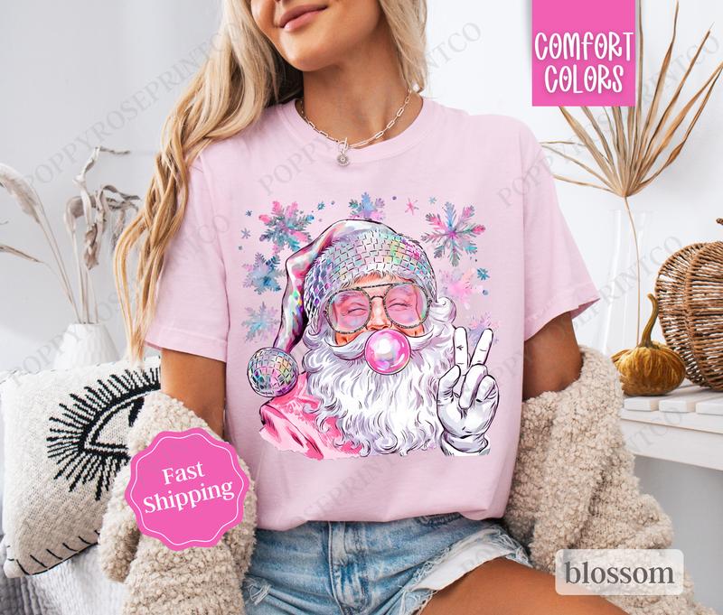 Sparkle Santa Shirt Comfort Colors, Preppy Christmas Tshirt,  Womens Holiday Tee