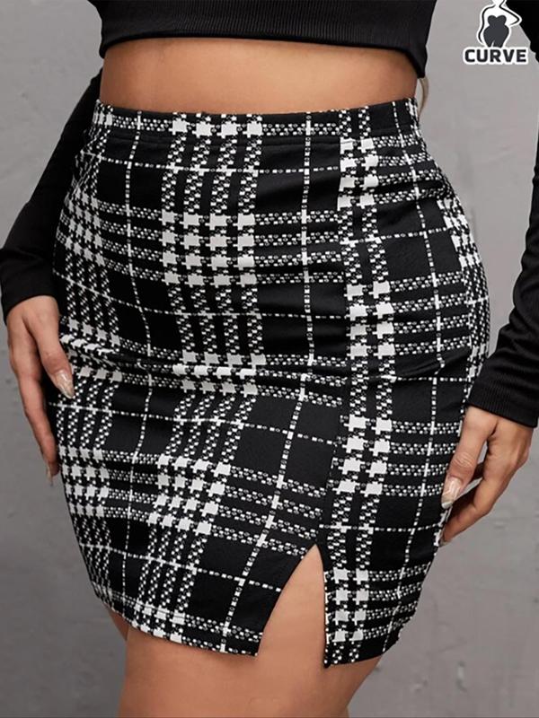  Plaid Print Split Hem Bodycon Skirt, Elegant High Waist Short Skirt for Daily Outdoor Wear, Women's Bottoms for All Seasons